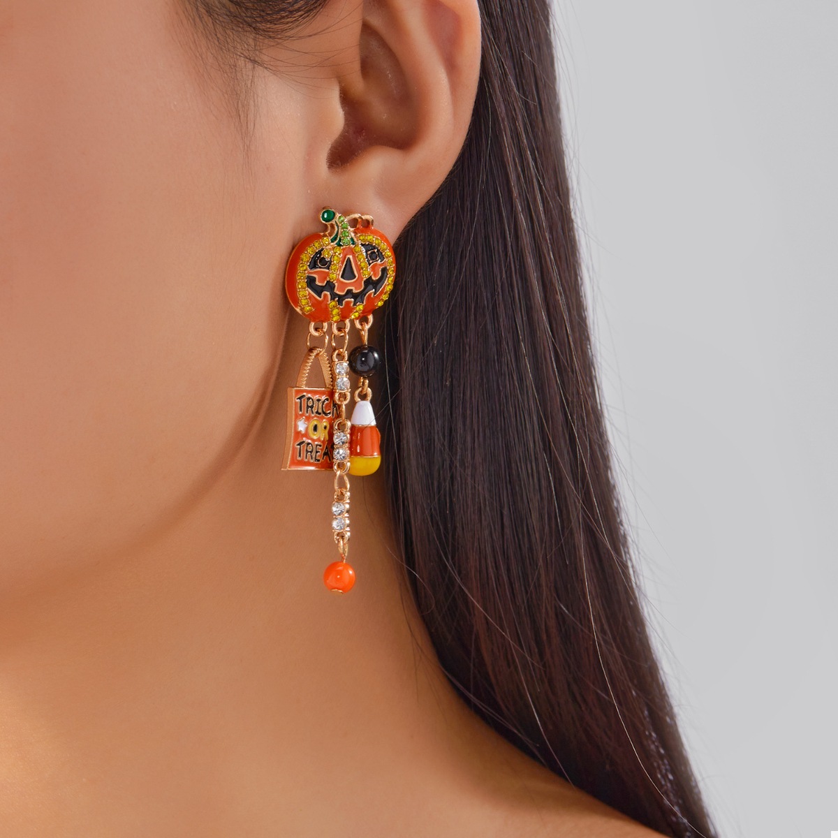 Halloween Rhinestone Pumpkin Drop Earrings