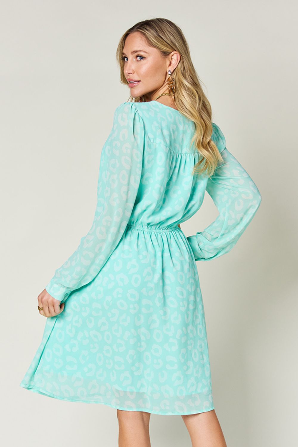 Full Size Printed Ruched V-Neck Long Sleeve Dress