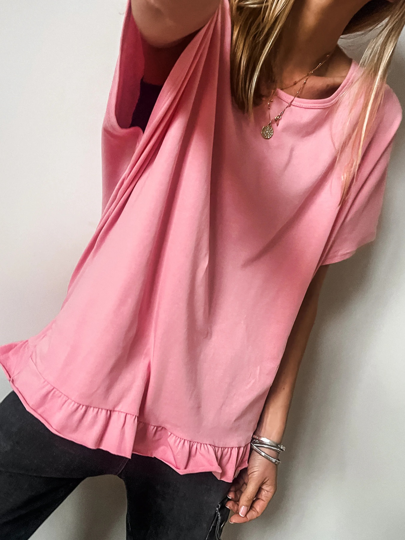 Ruffle Hem Round Neck Relaxed T-Shirt