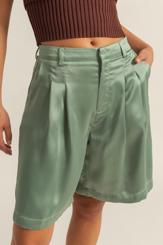 High-Waist Pleated Satin Shorts
