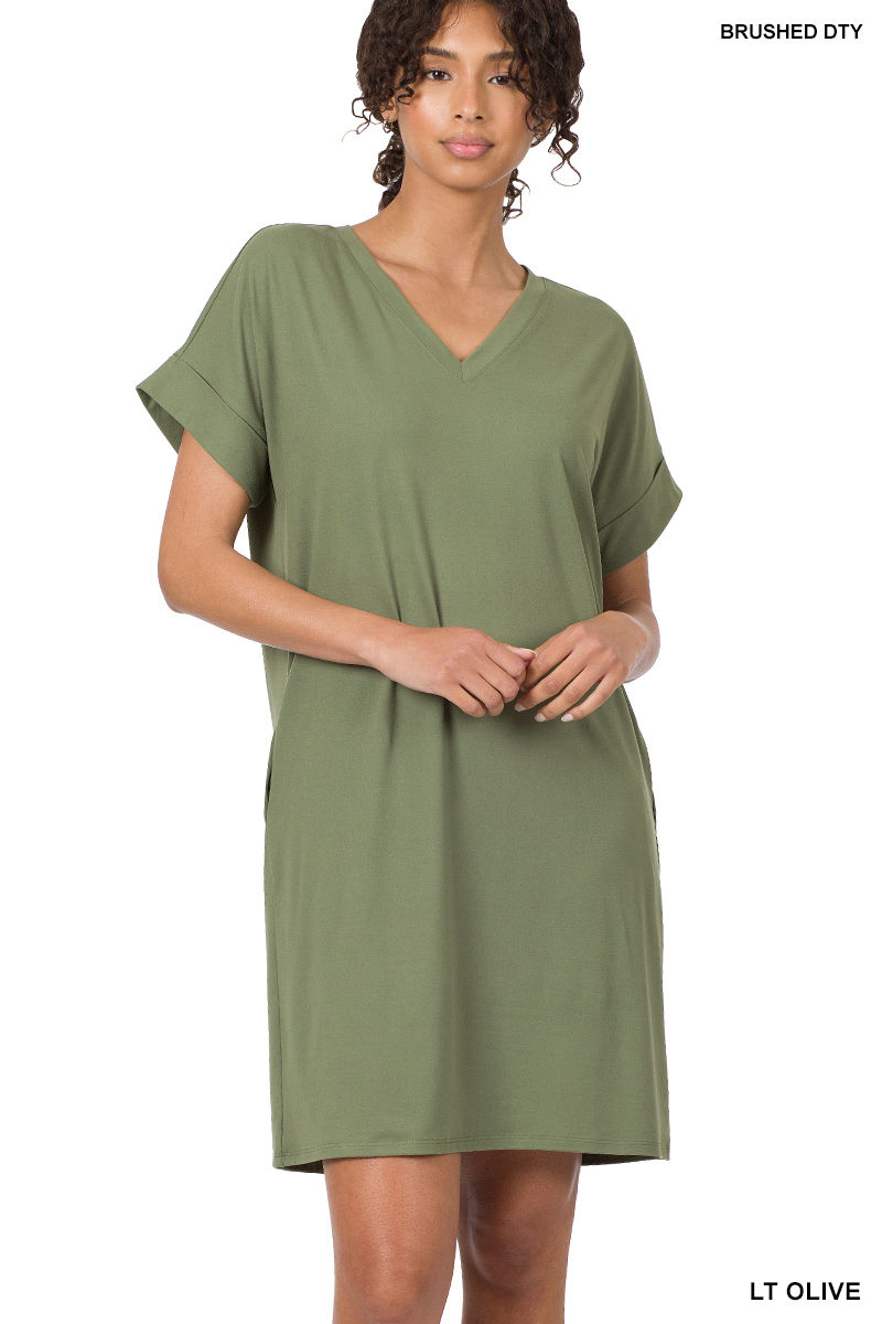 Brushed Dty Rolled Short Sleeve V-Neck Dress
