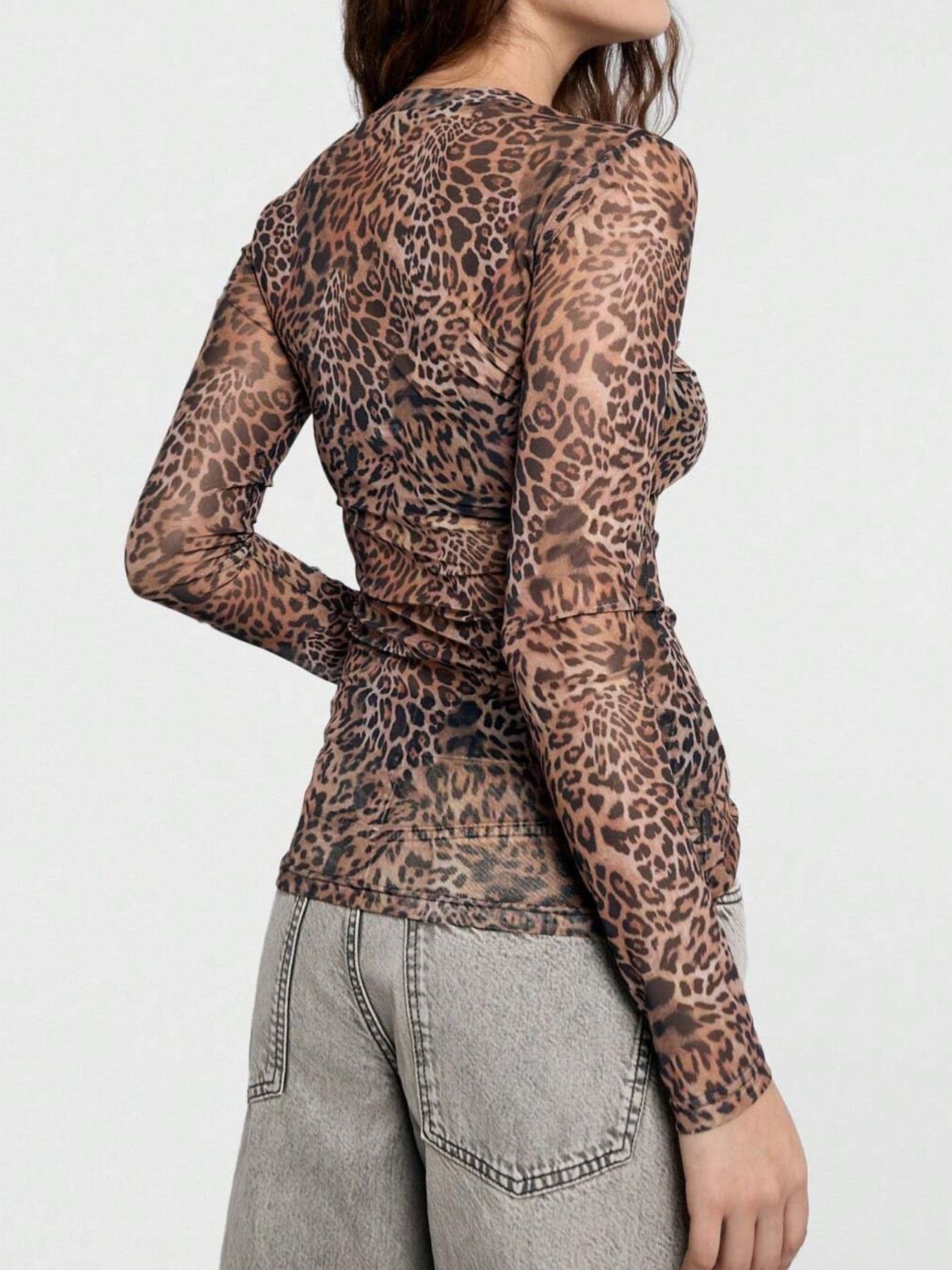 Sheer Leopard Print Long Sleeve Blouse