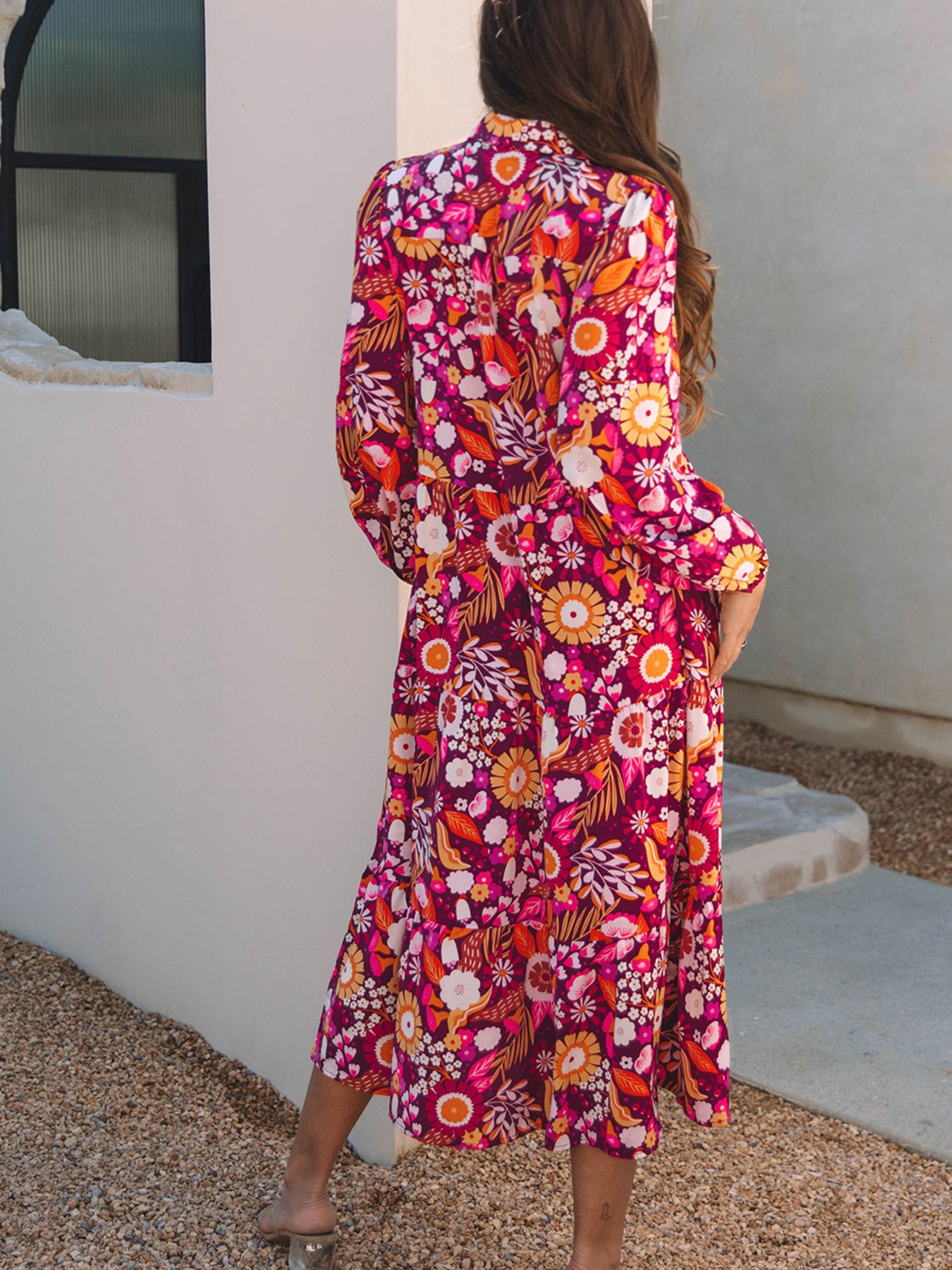 Floral Print Long Sleeve Midi Dress with Pockets