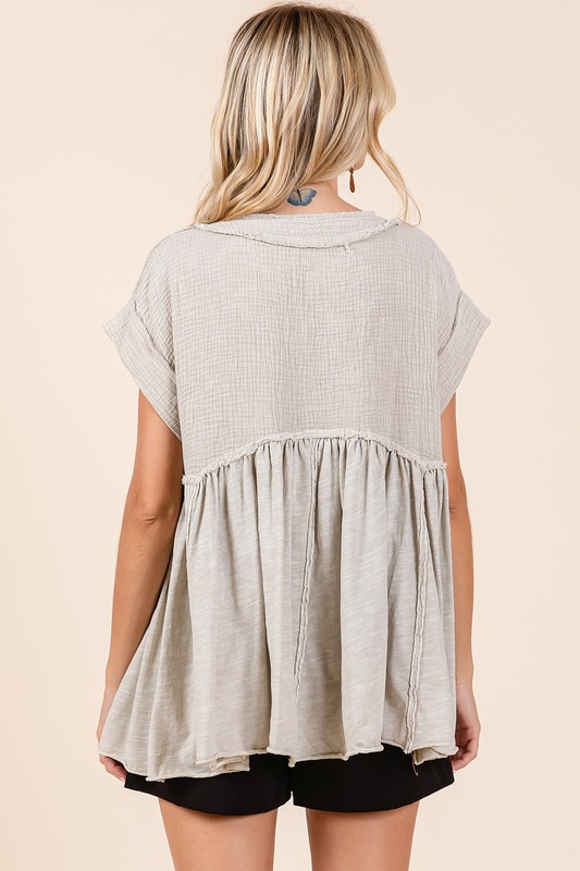 Mixed Media Mineral Wash Babydoll Short Sleeve Blouse