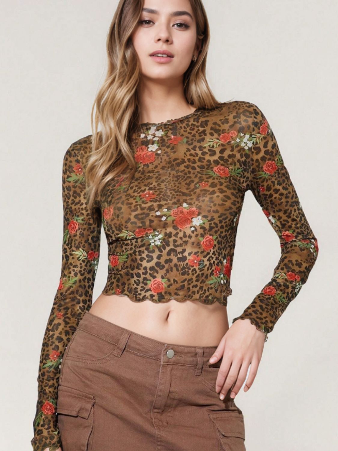 Leopard Floral Round Neck Long Sleeve Mesh T-Shirt