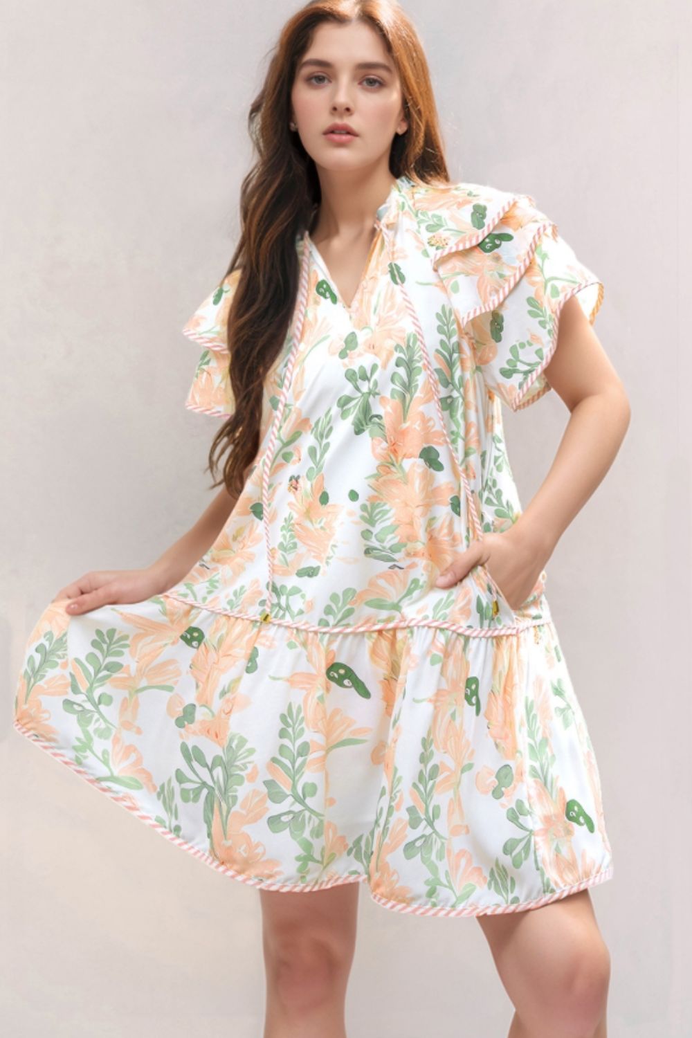 Floral Tie Neck Layered Short Sleeve Dress