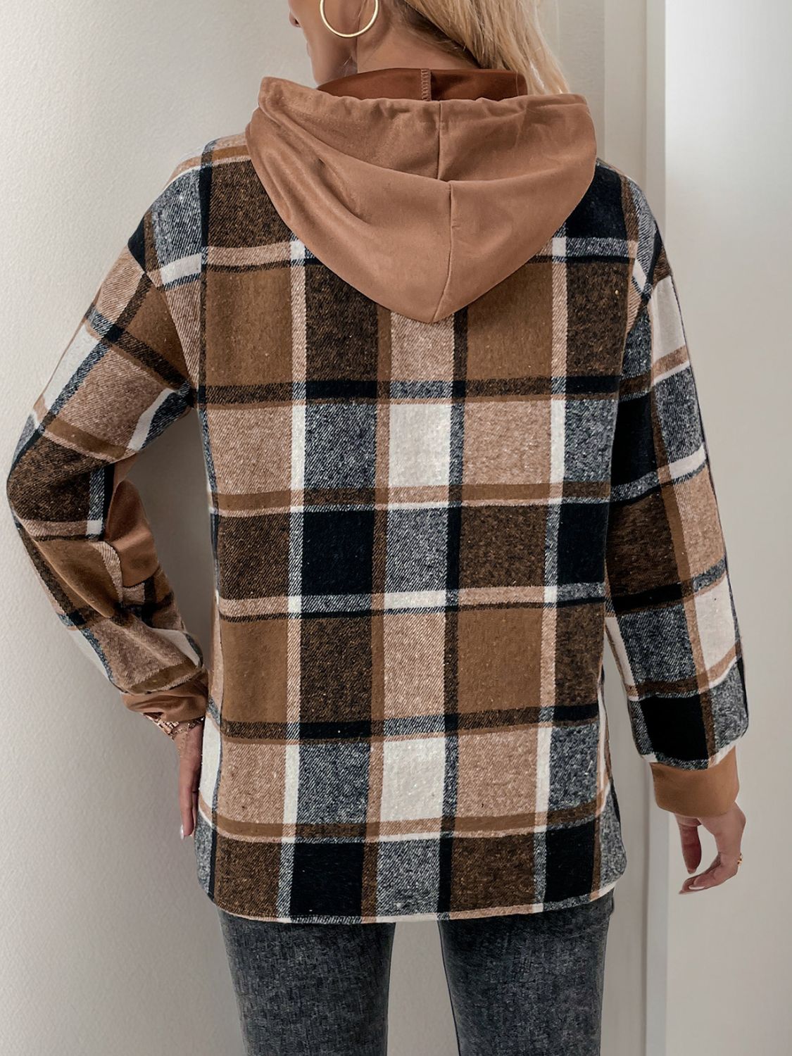 Drawstring Slit Plaid Long Sleeve Hoodie