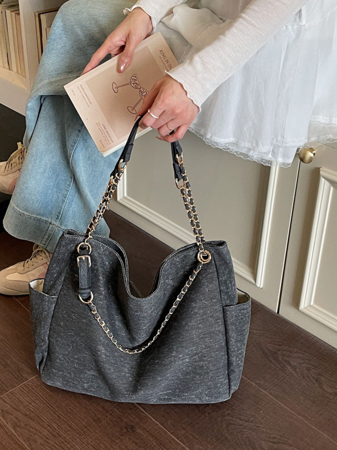 Denim Shoulder Bag with Chain Strap