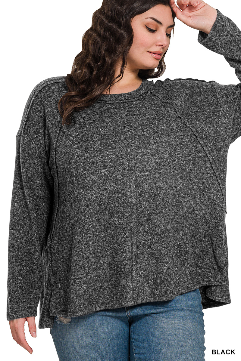 Full Size Brushed Hacci Exposed Seam Hi Low Sweater Plus Size