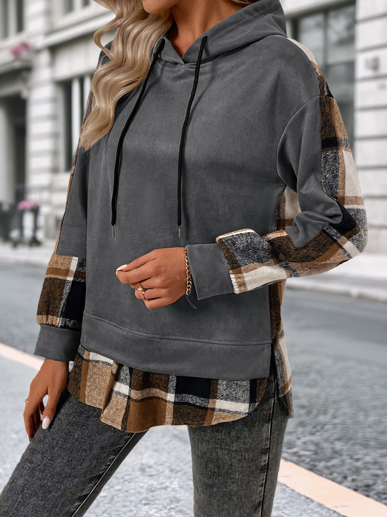 Plaid Drawstring Long Sleeve Hoodie