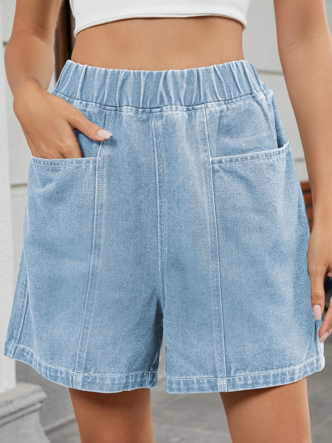 Elastic Waist Denim Shorts