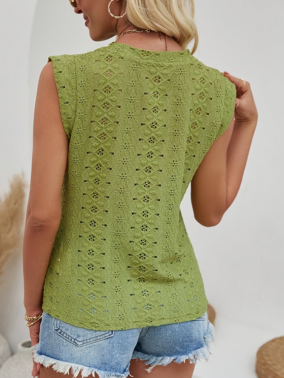 Eyelet Round Neck Cap Sleeve Top