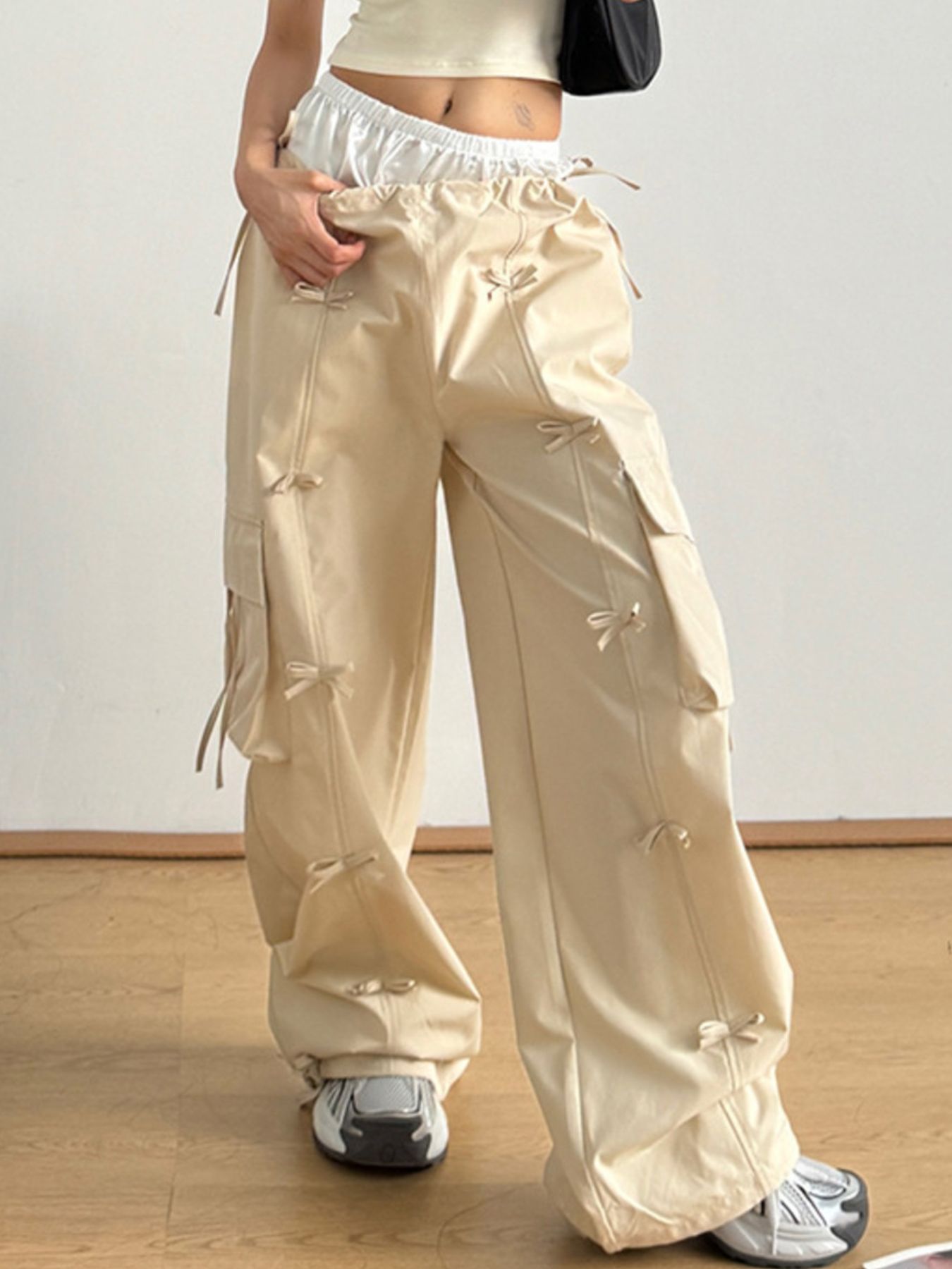 Cargo Wide Leg Pants with Bow Tie Details