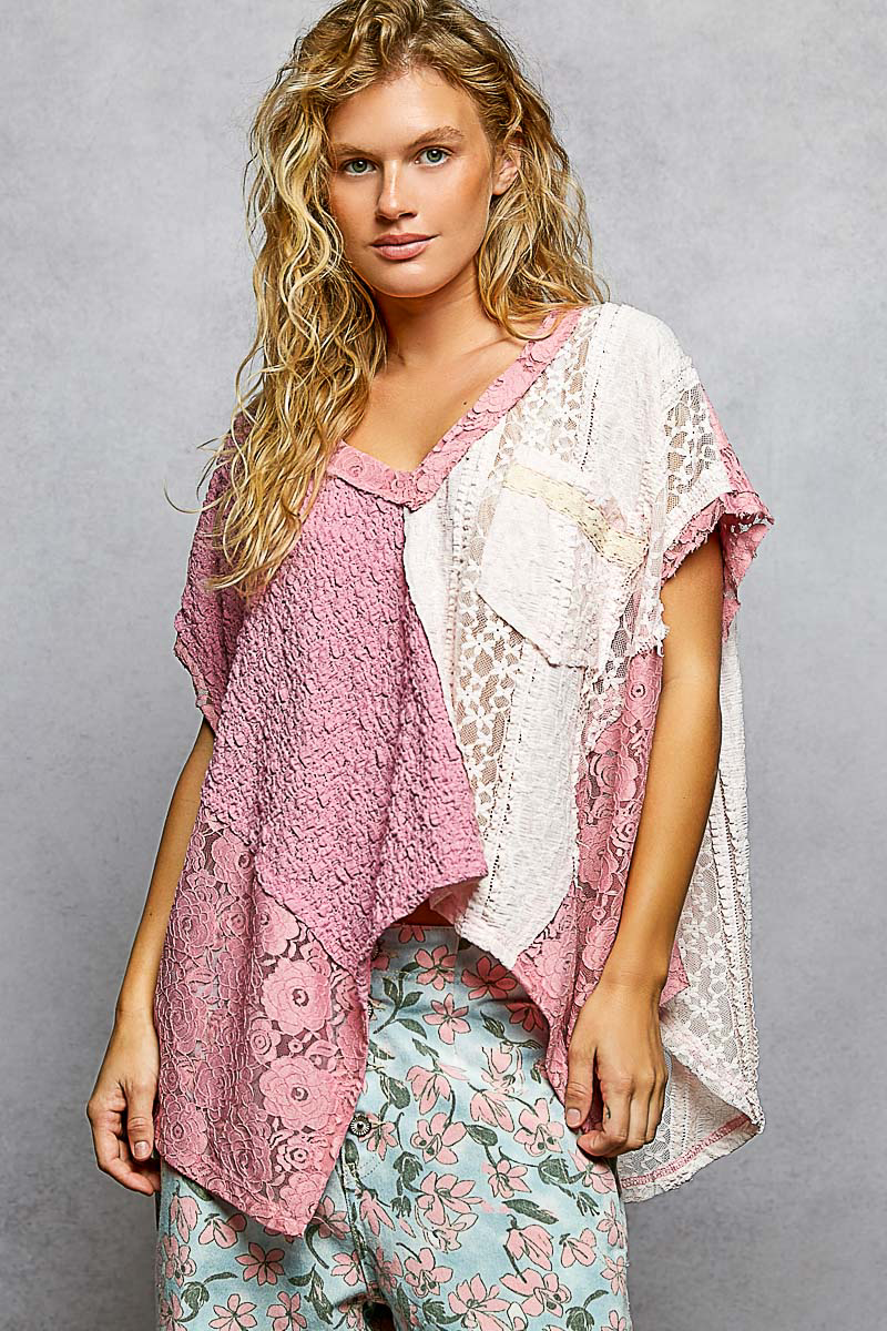 Asymmetrical V-Neck Short Sleeve Lace Top