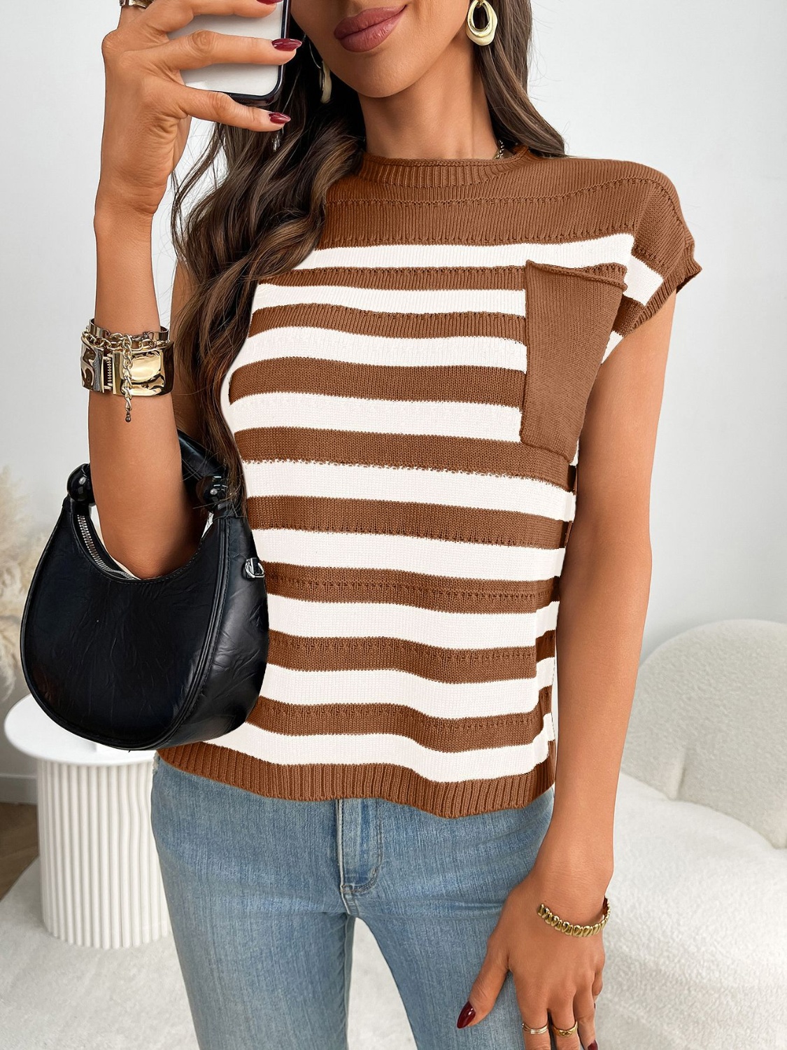 Striped Mock Neck Cap Sleeve Knit Top