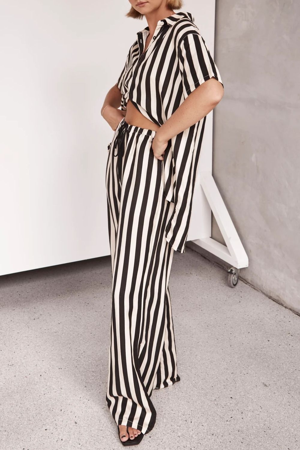 Striped Collared Neck Half Sleeve Top and Pants Set