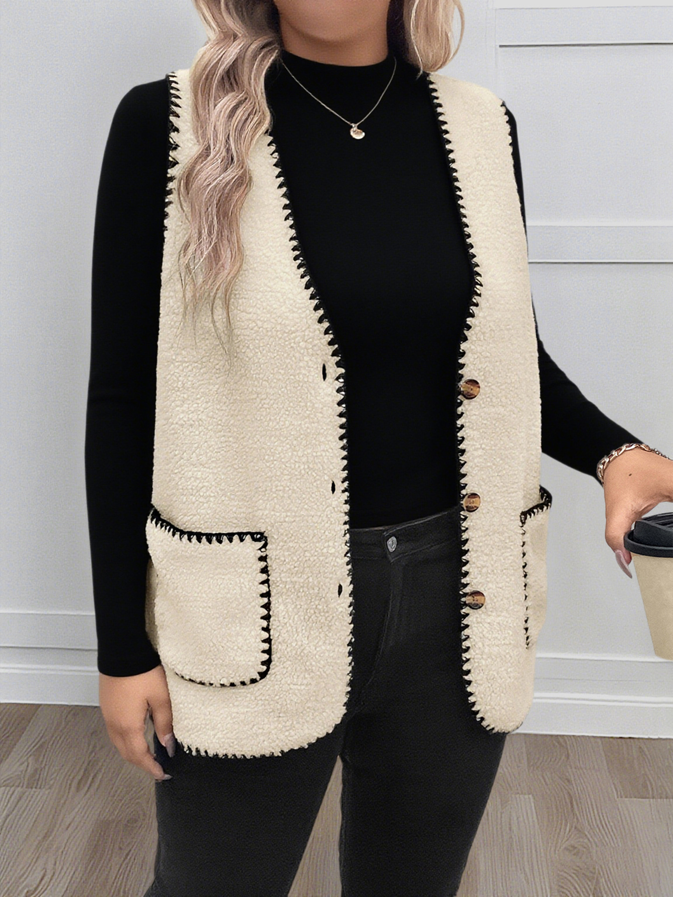 Plus Size Contrast Trim Button Up Vest Coat