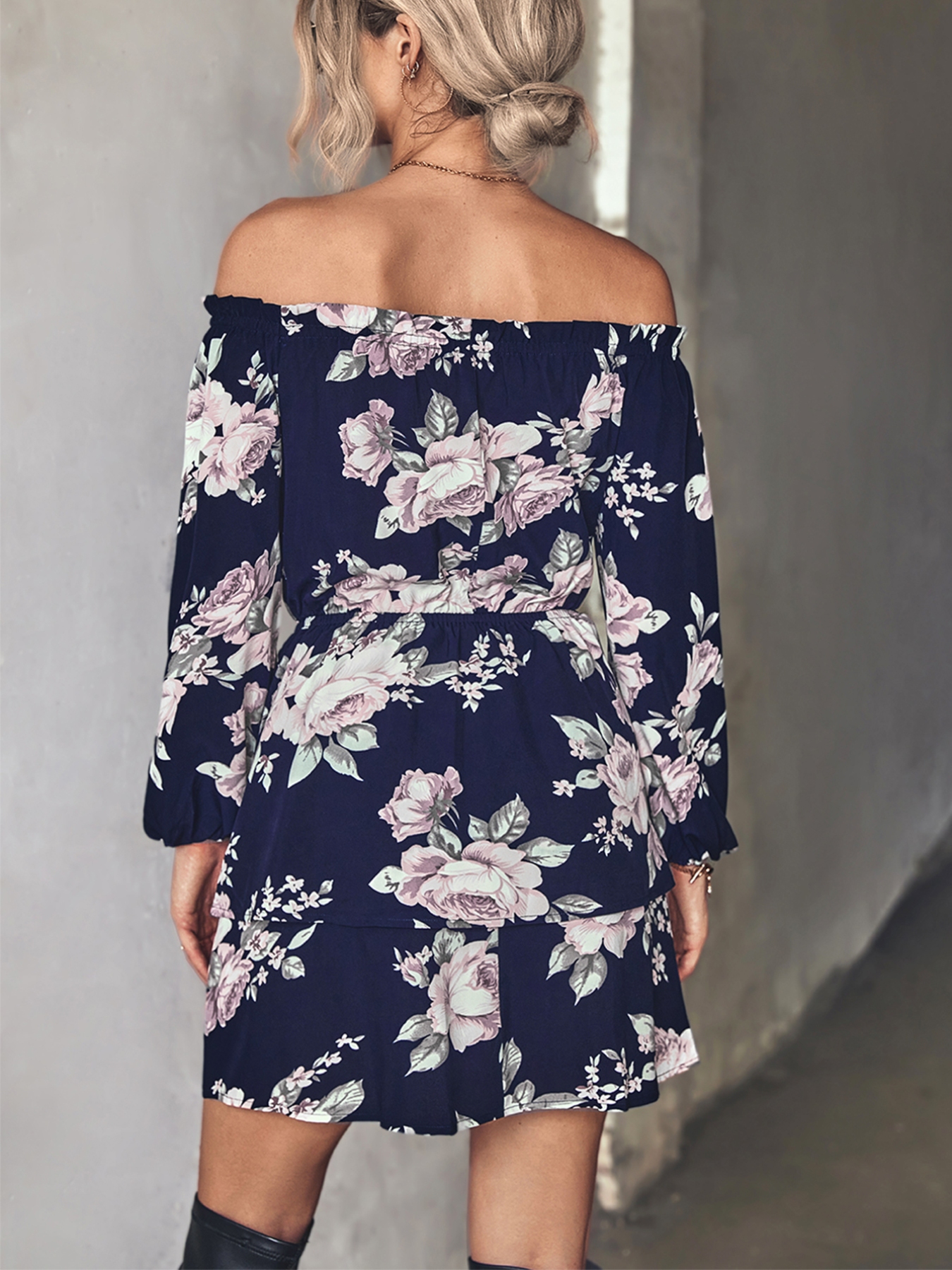 Off-Shoulder Floral Print Long Sleeve Mini Dress