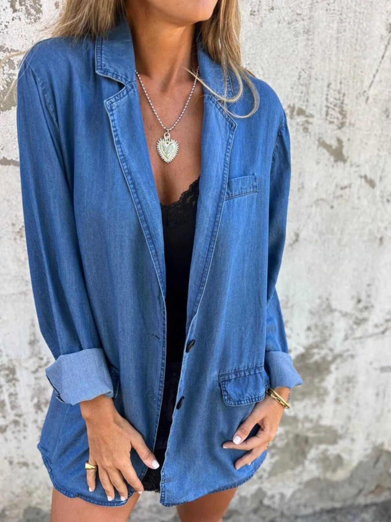 Full Size Button Down Denim Blazer Plus Size