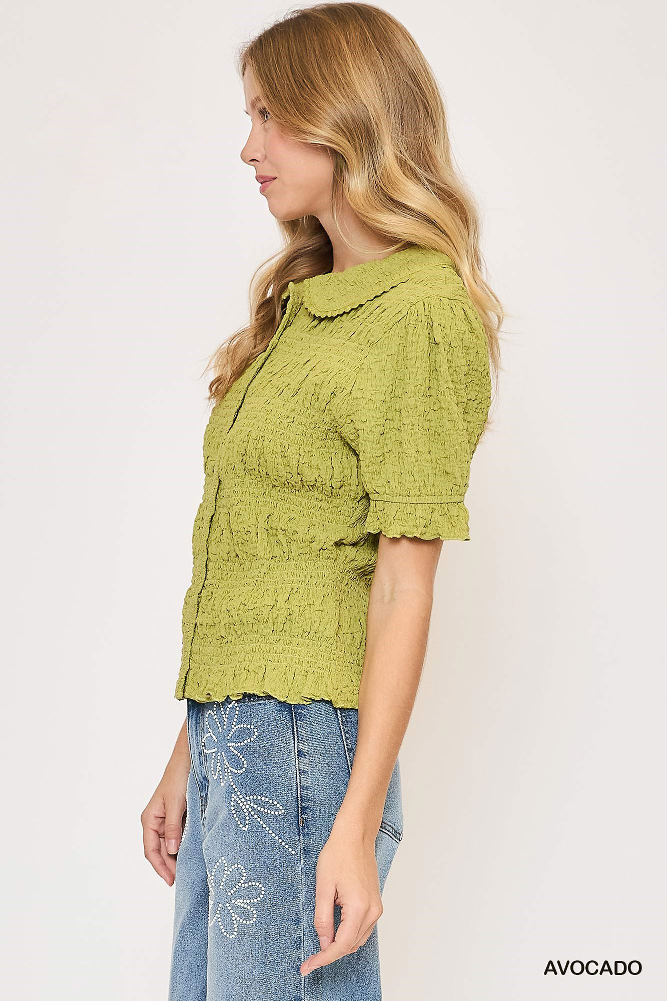 Umgee Smocked Short Sleeve Button-Front Shirt with Peter Pan Collar