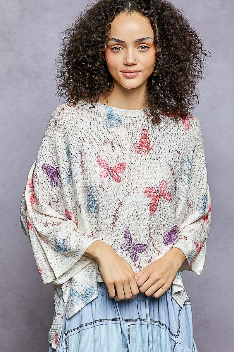 Butterflies Pattern Round Neck knit Top with Outseam Rolling Edge