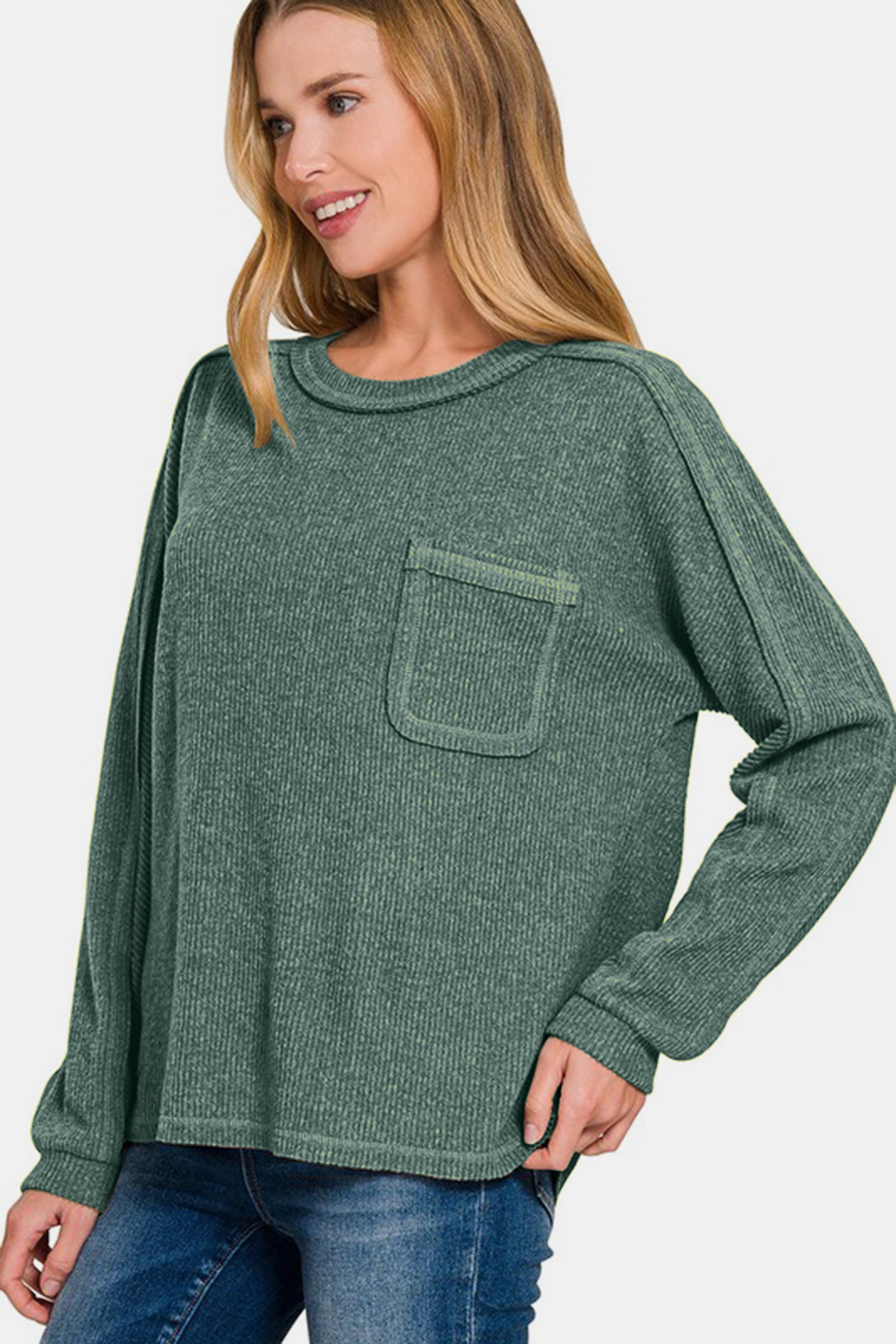 Full Size Contrast Stitching Brushed Ribbed Hacci Knit Top