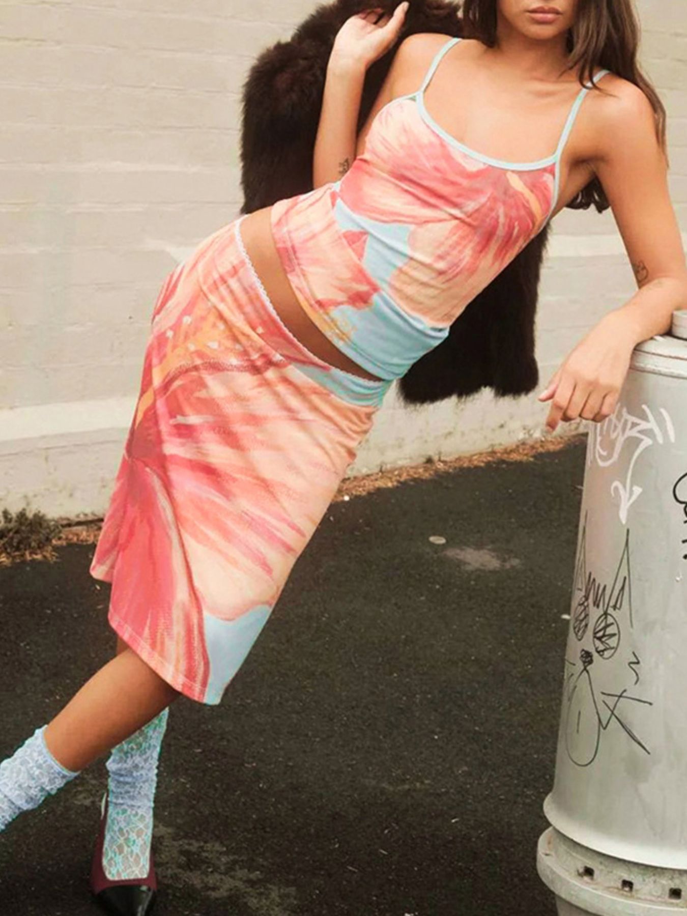 Printed Scoop Neck Cami and Skirt Set