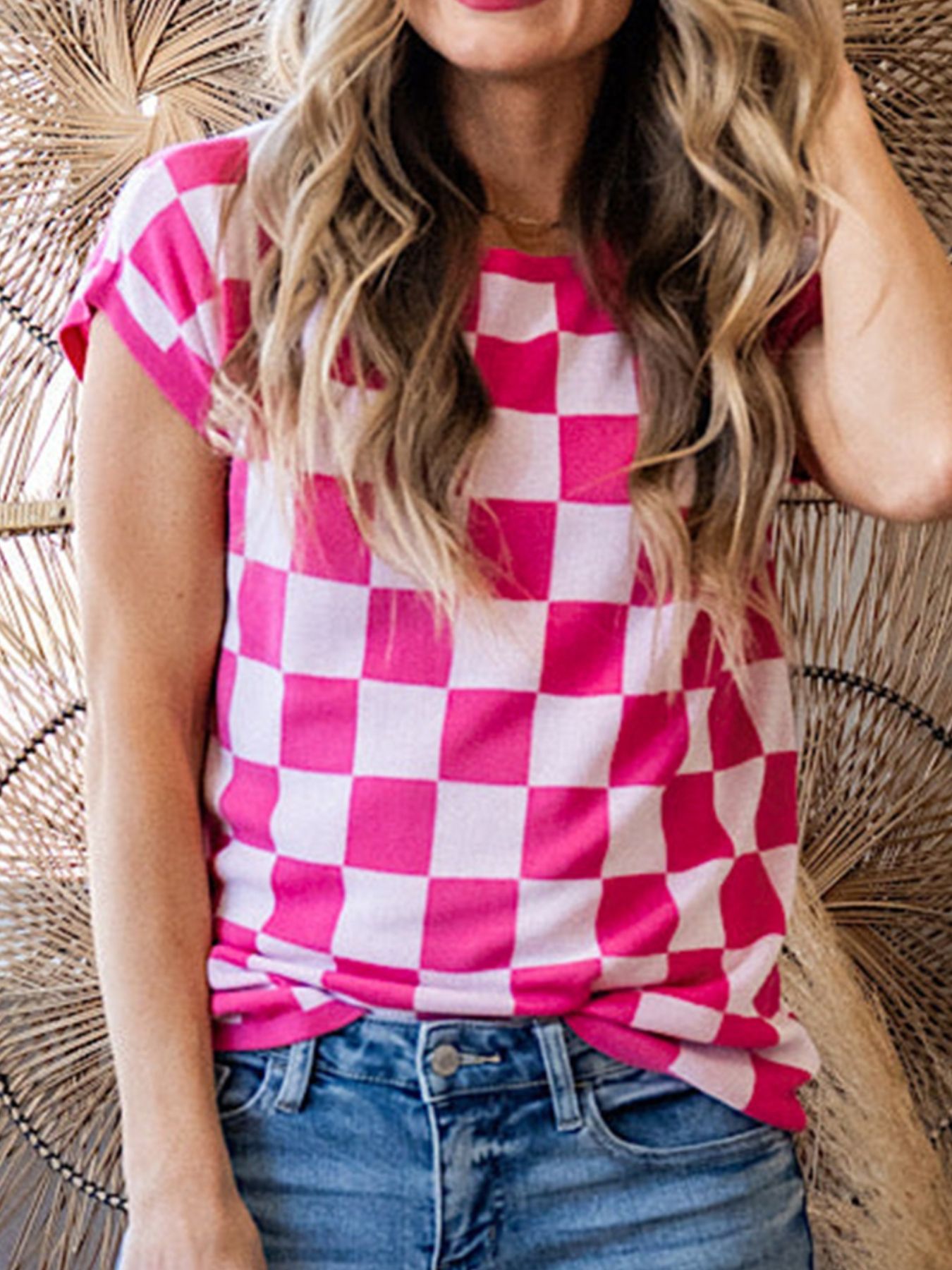 Checkered Cap Sleeve Casual Sweater Top