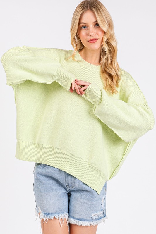 Side Slit Round Neck Drop Shoulder Sweater