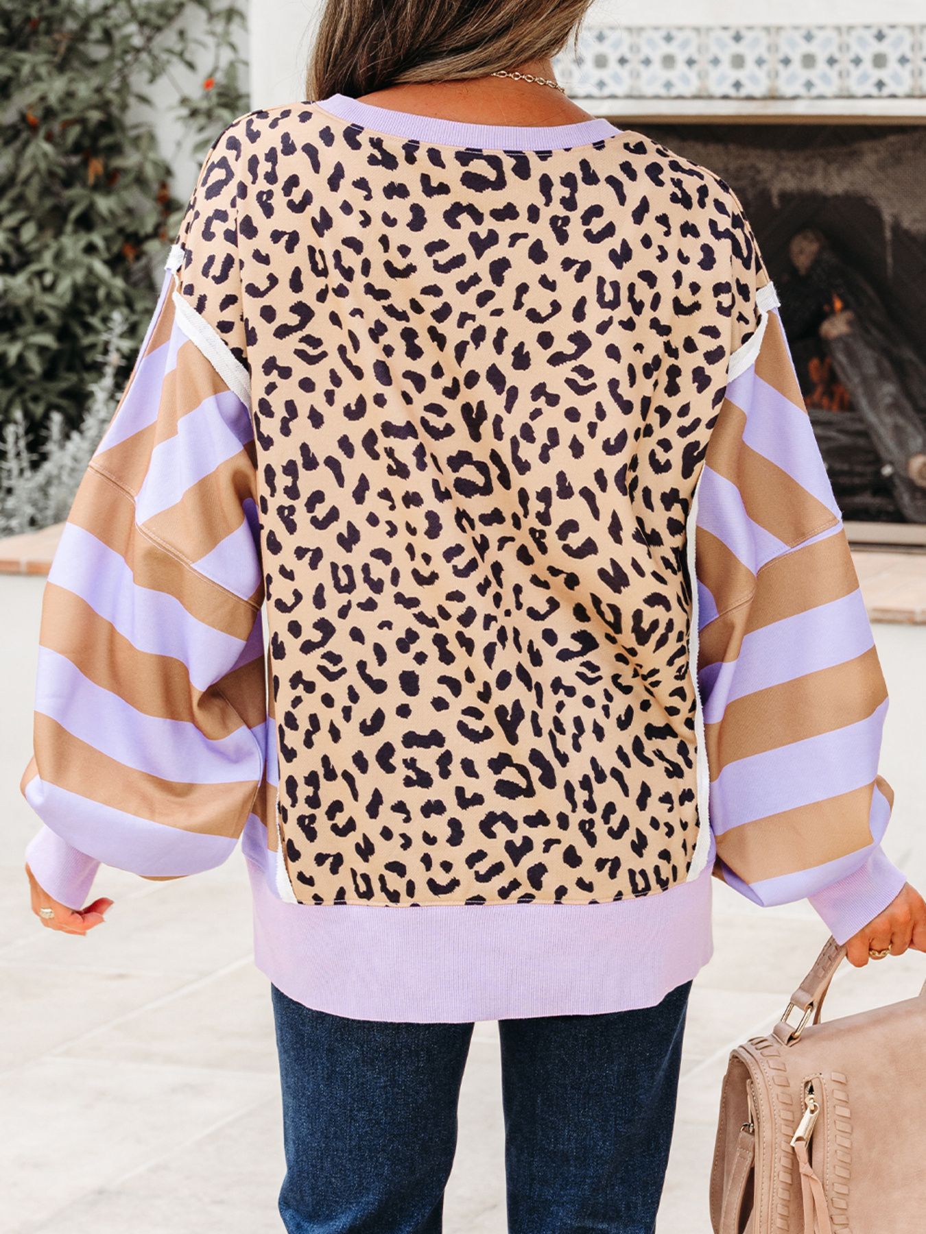 Stripe Color Block Patchwork Leopard Casual Sweatshirt with Slits