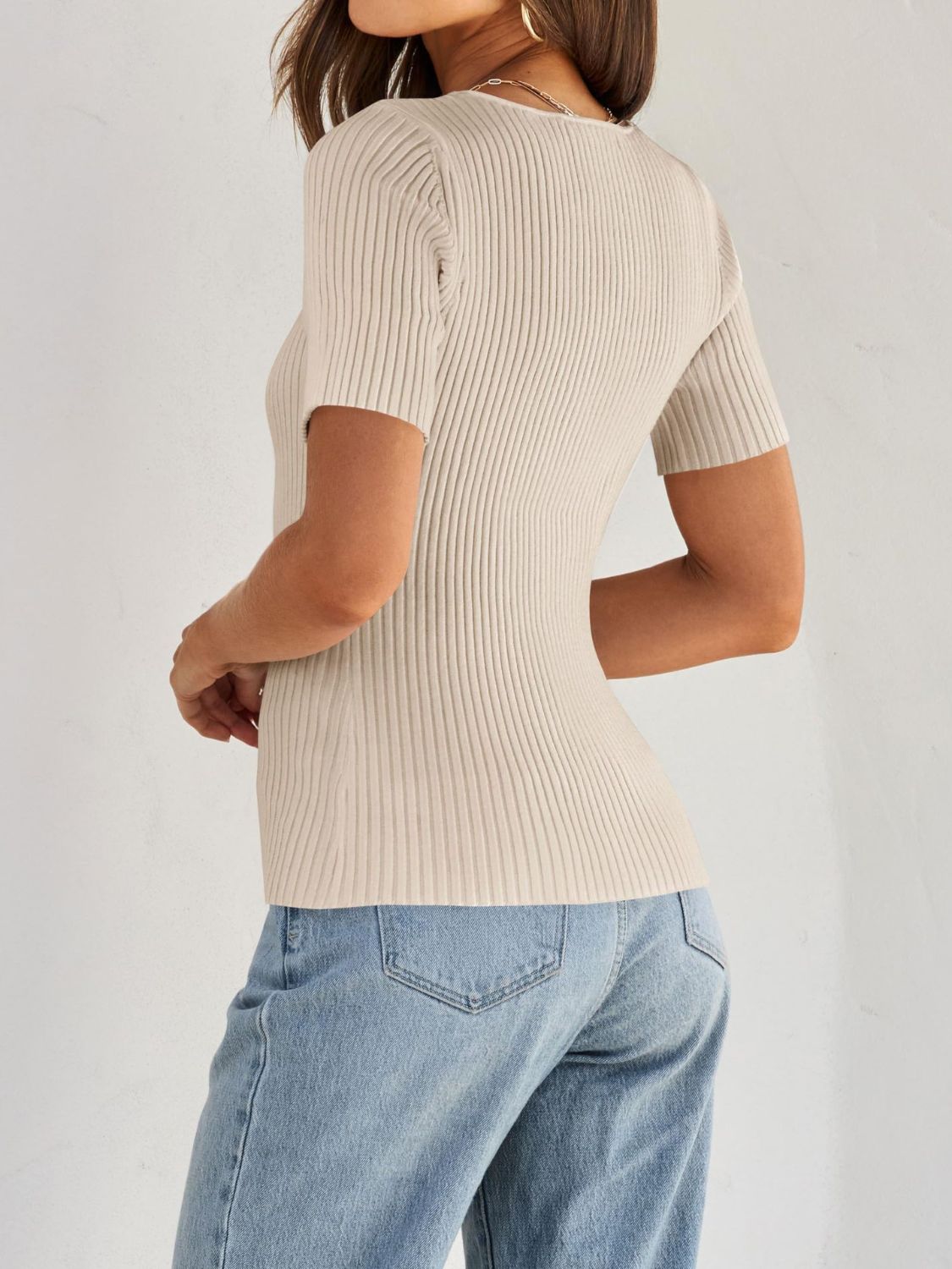 Ribbed Square Neck Short Sleeve Knit Top