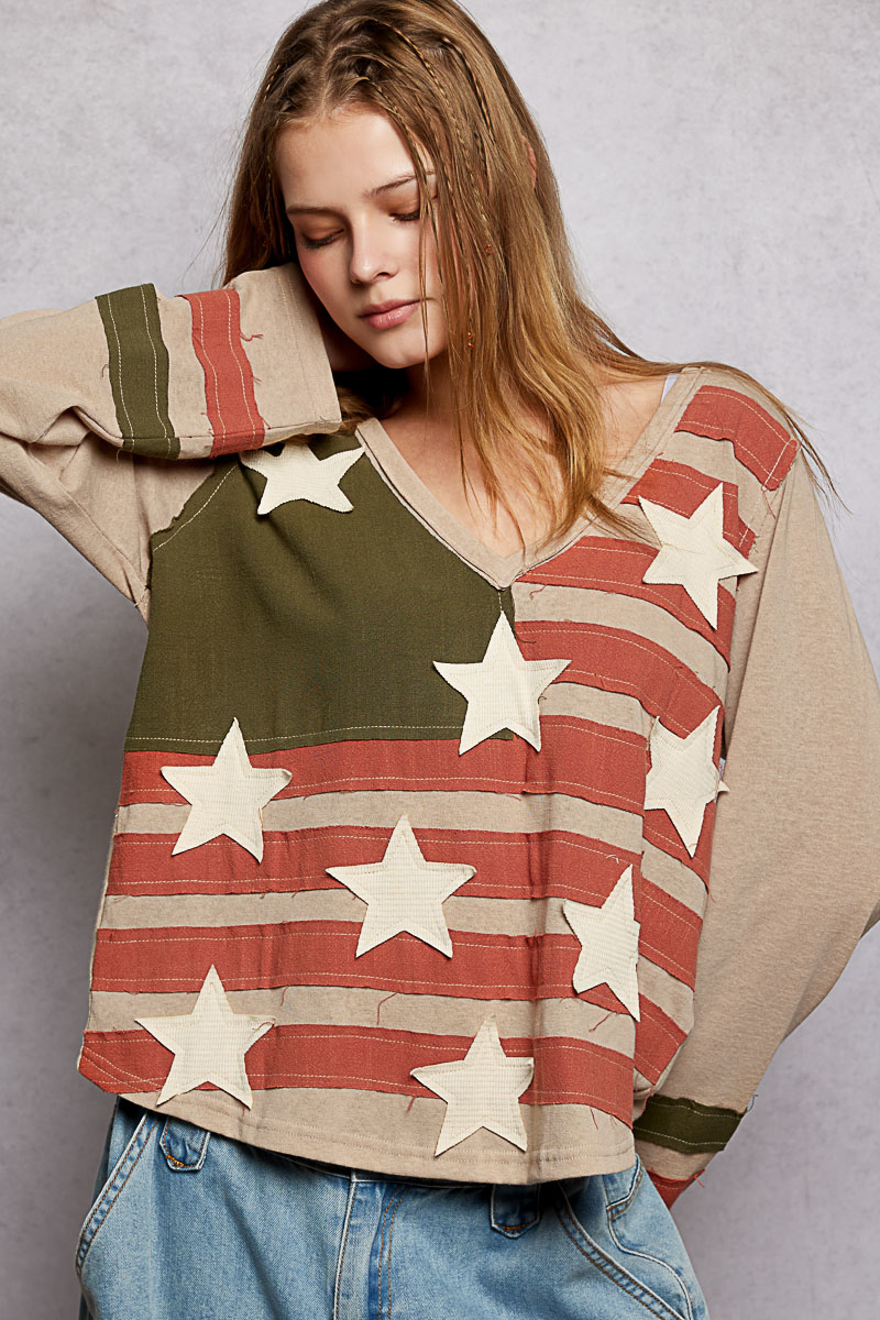 Double Gauze American Flag Patch V-Neck Long Sleeve T-Shirt