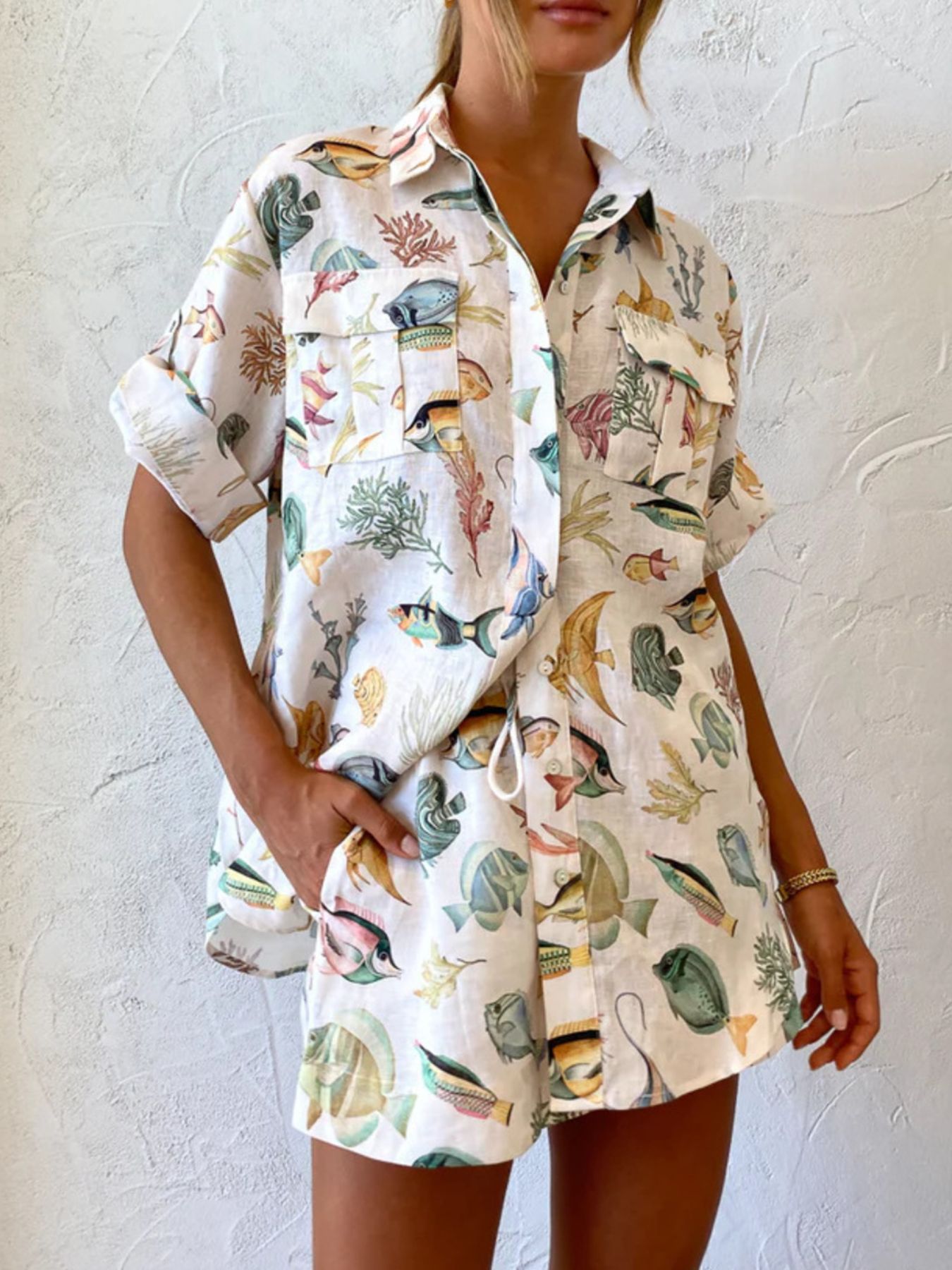 Printed Button Up Shirt and Shorts Set