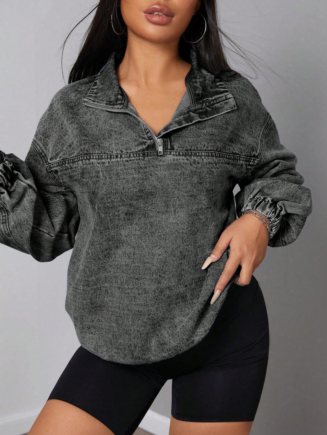 Elastic Hem Quarter Zip Denim Top