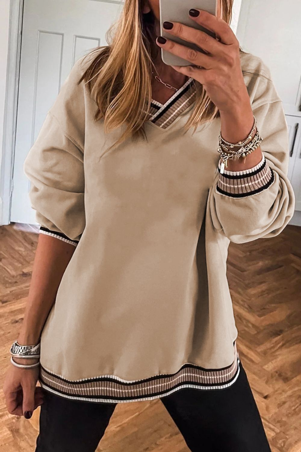 Casual V-Neck Striped Trim Pullover