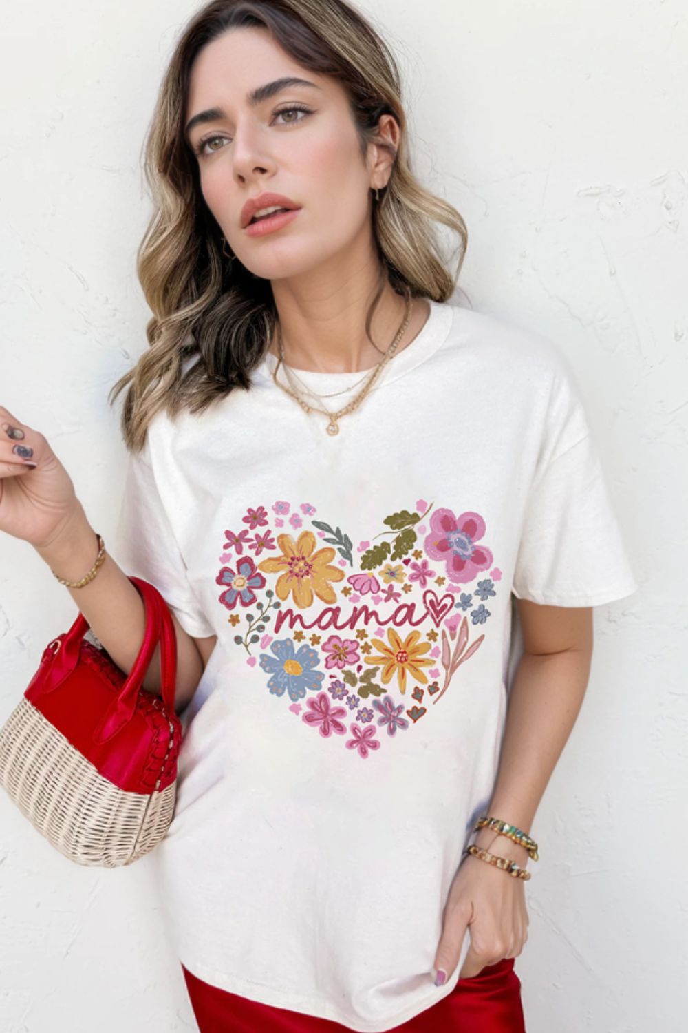 MAMA Flower Heart Cotton Blend Graphic Tee