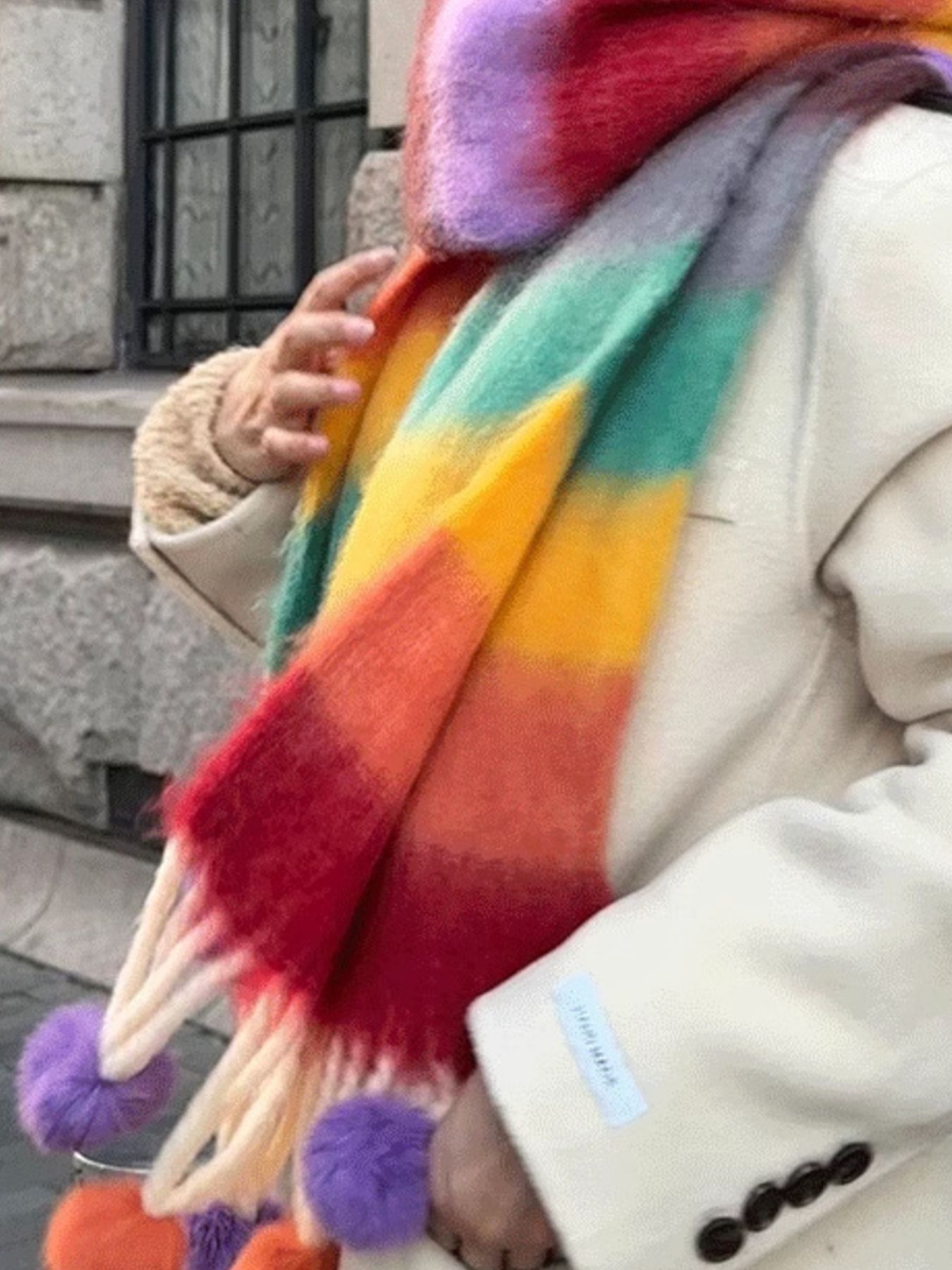 Rainbow Striped Fuzzy Scarf with Pom-Poms