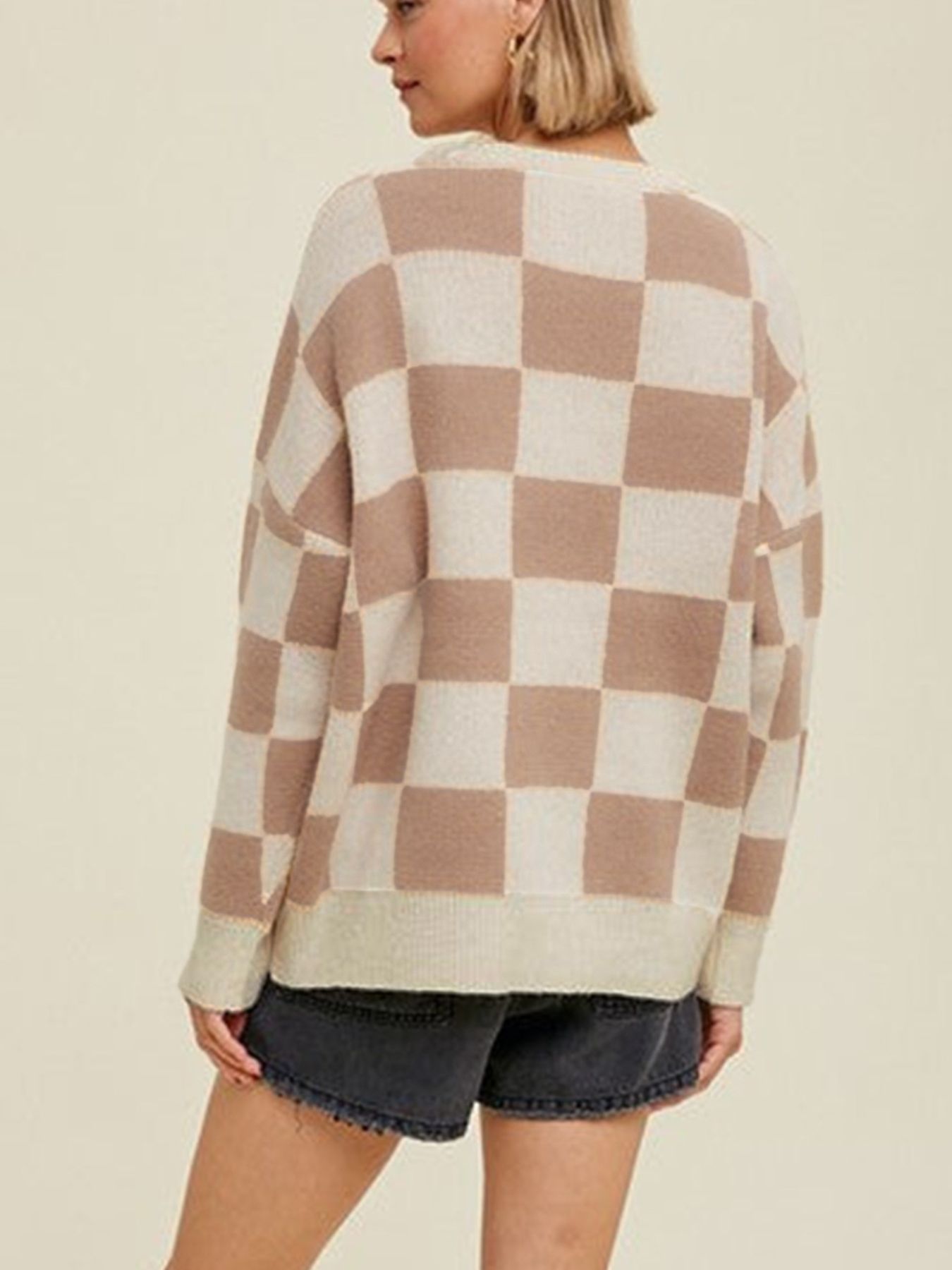 Checkered Pattern Ribbed Trim Knit Baggy Sweater