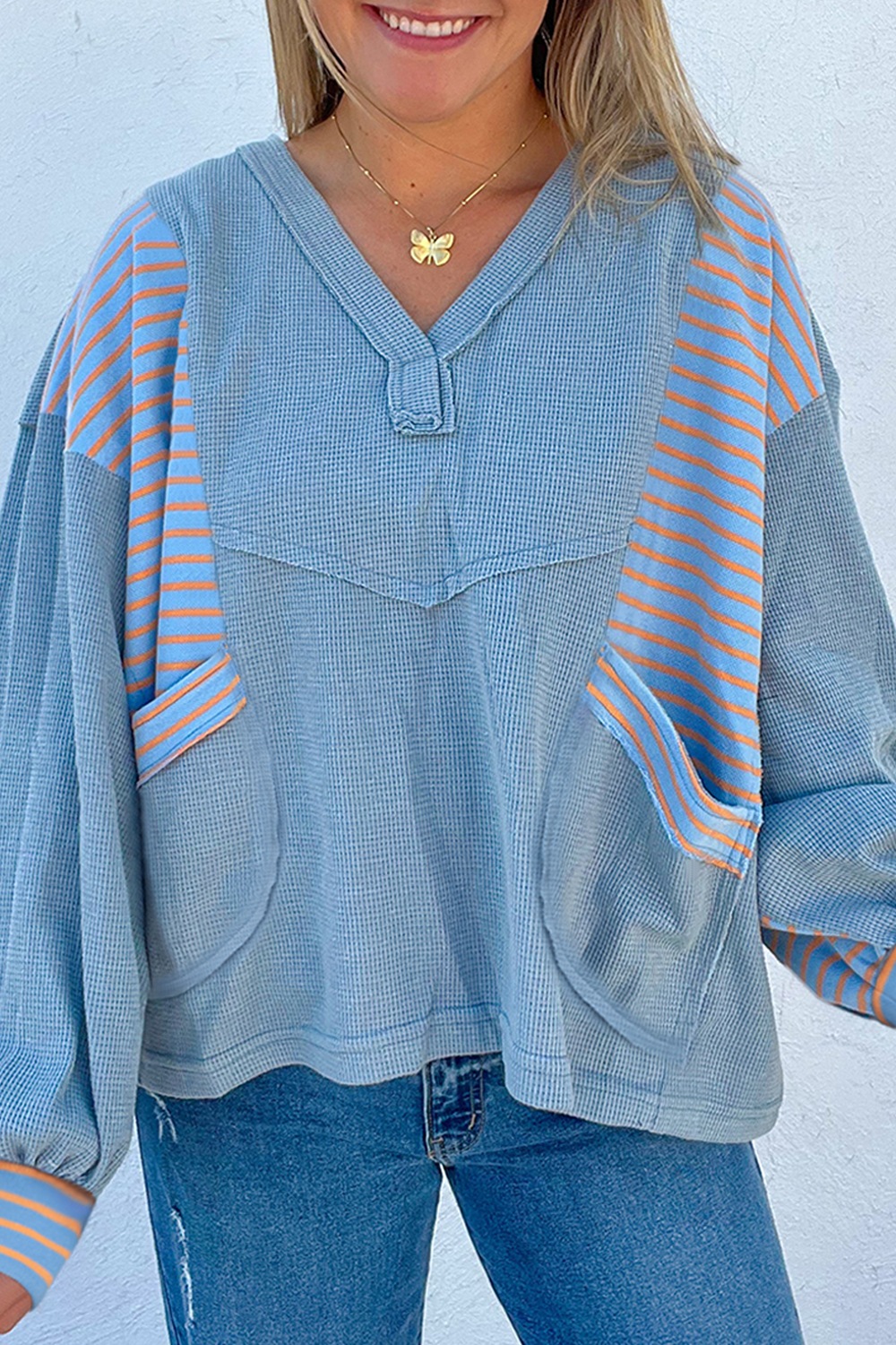 Striped Long Sleeve V-Neck Oversized Sweatshirt 1