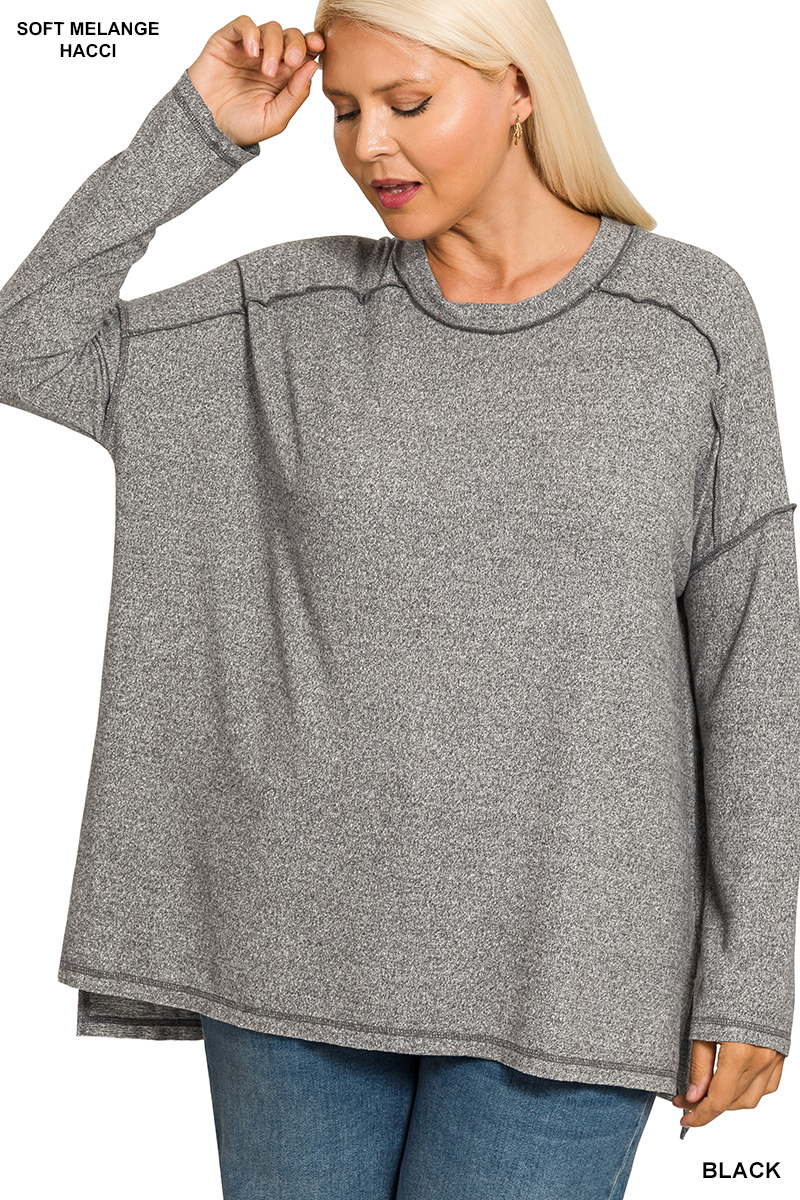 Full Size Melange Hacci Exposed Seam Hi-low Tee Plus Size