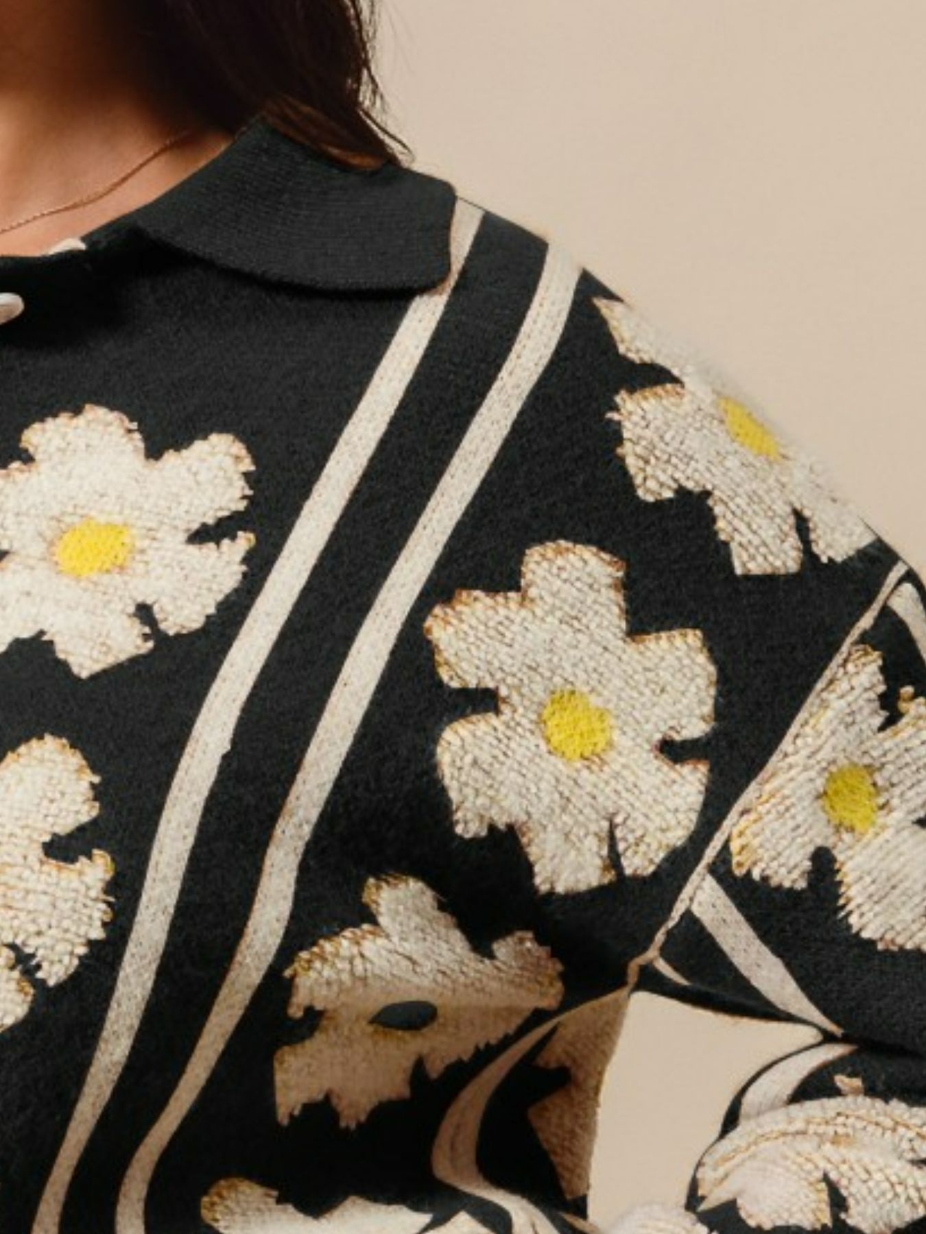 Floral Stripe Polo Collar Sweater