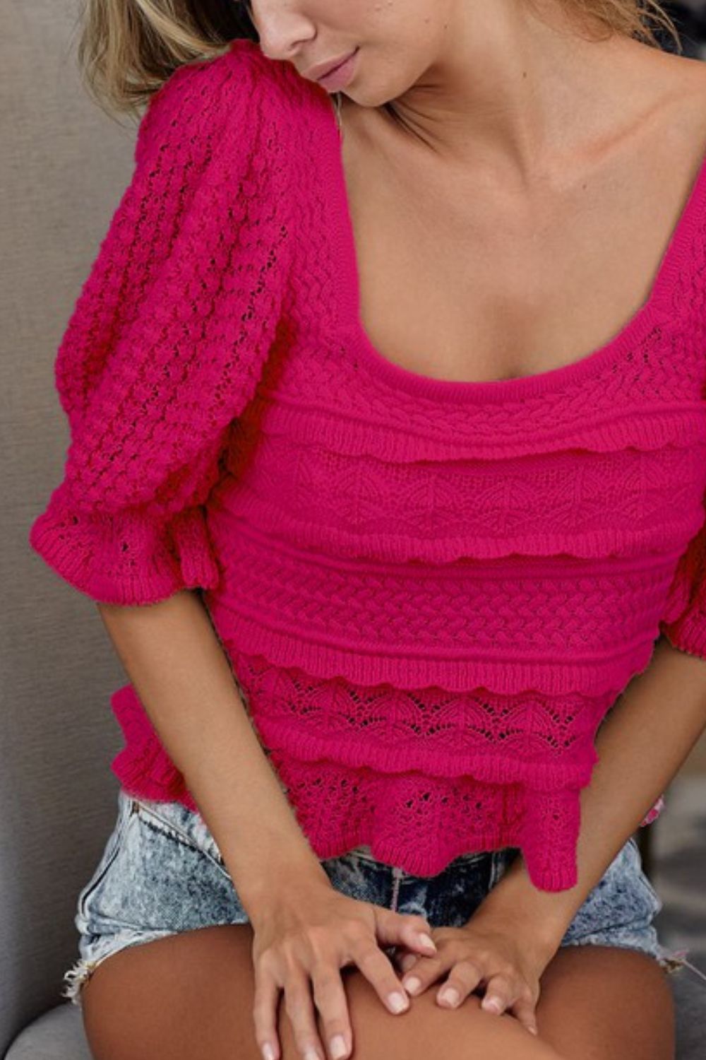 Square Neckline with Puff Sleeve Crochet Top