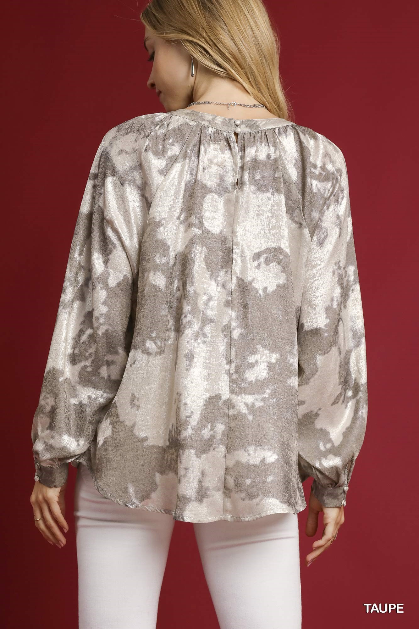 Umgee Full Size Metallic Fabric Blouse with Balloon Sleeves Plus Size