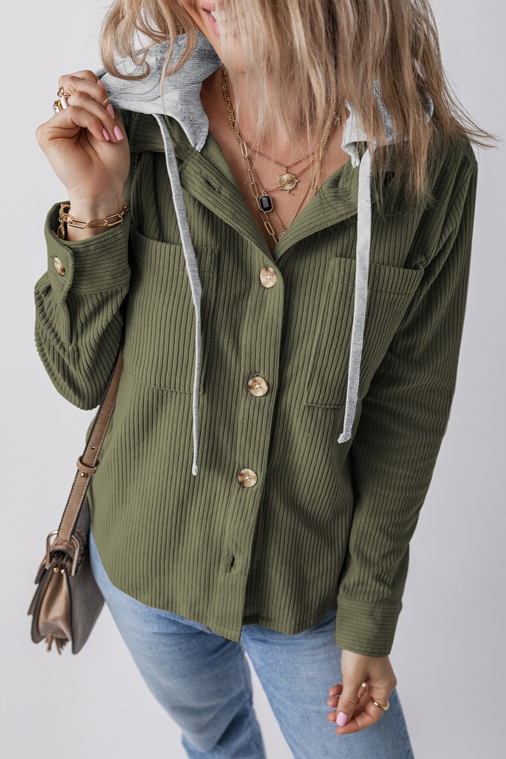 Drawstring Button Up Long Sleeve Hooded Jacket view 6
