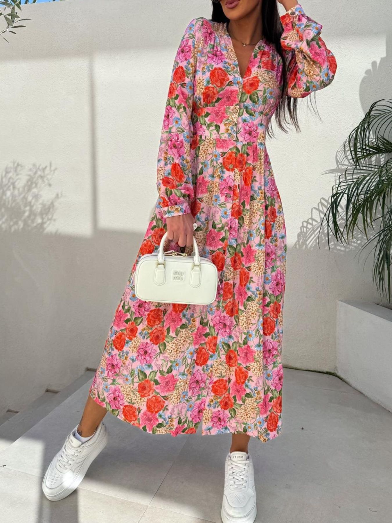 Floral Print Long Sleeve V-Neck Dress