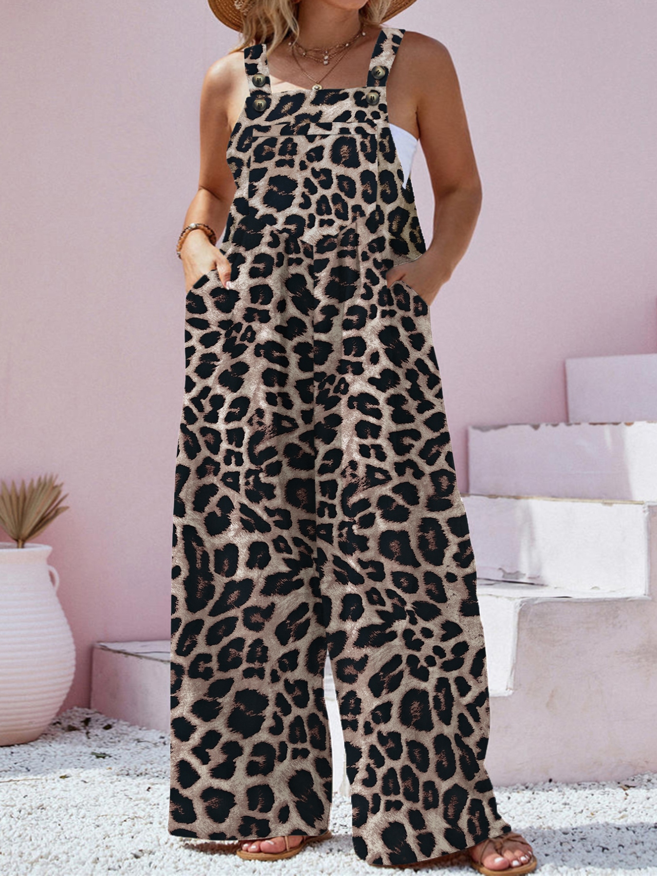 Plus Size Leopard Print Wide Leg Casual Overalls