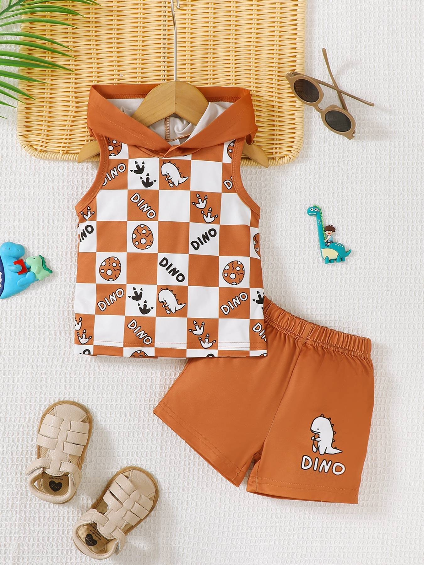 Children's Dinosaur Checkered Sleeveless Hooded Top and Shorts Set
