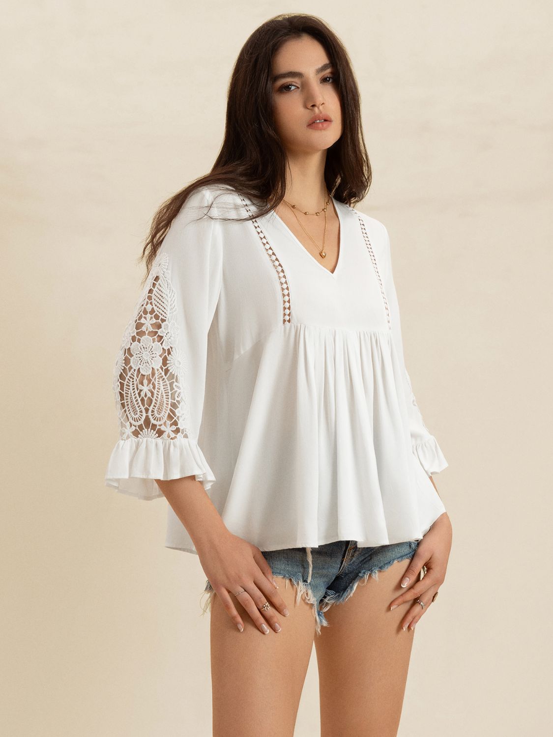 V-Neck Lace Flounce Sleeve Top