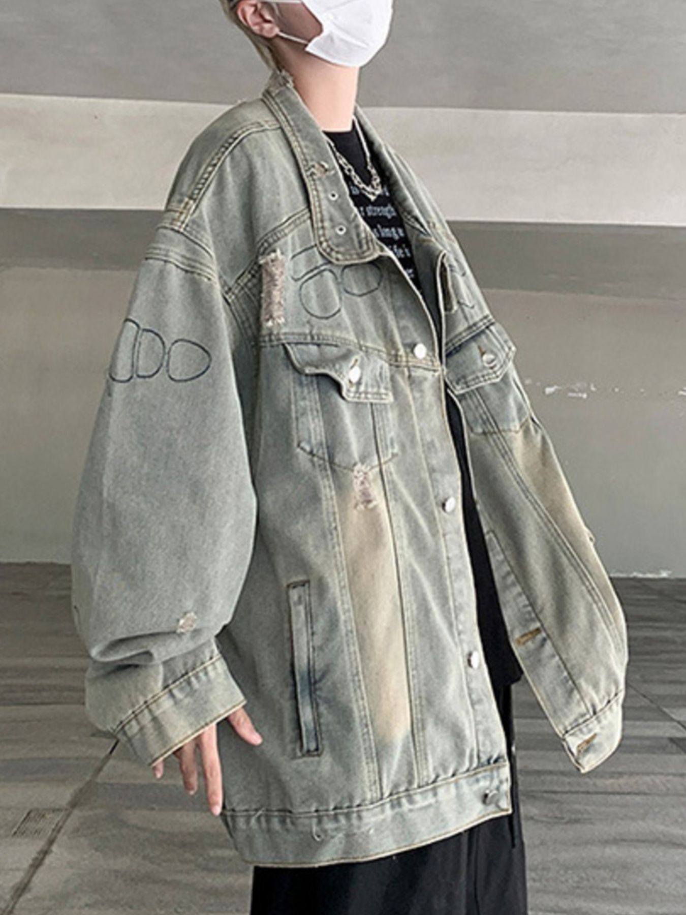 Men's Plus Size Distressed Button Up Denim Jacket