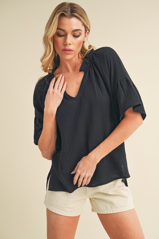 Side Slit Notched Ruffled Half Sleeve Blouse